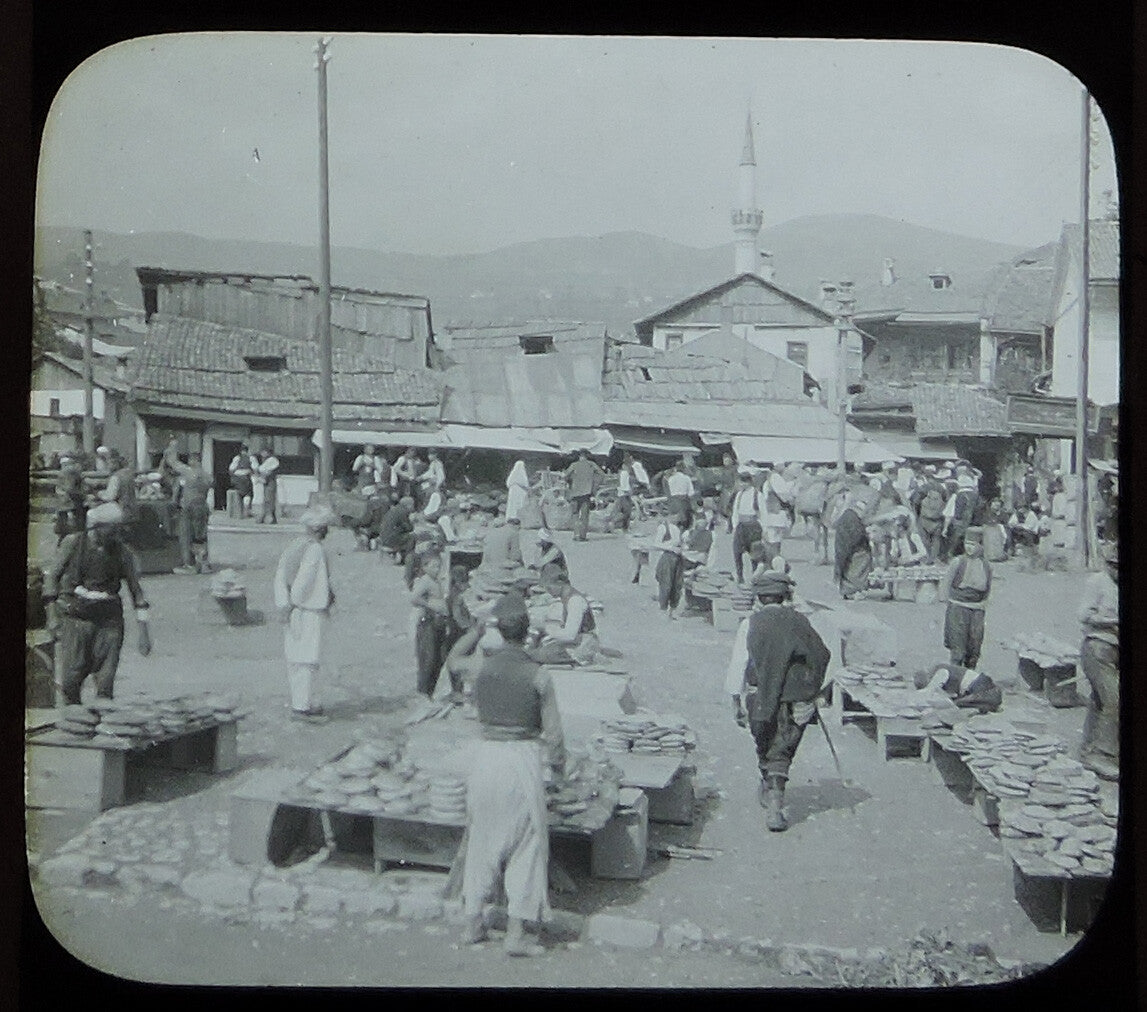ANTIQUE PHOTO ON GLASS, BUSY MARKET PLACE, BOSNIA, SARAJEVO