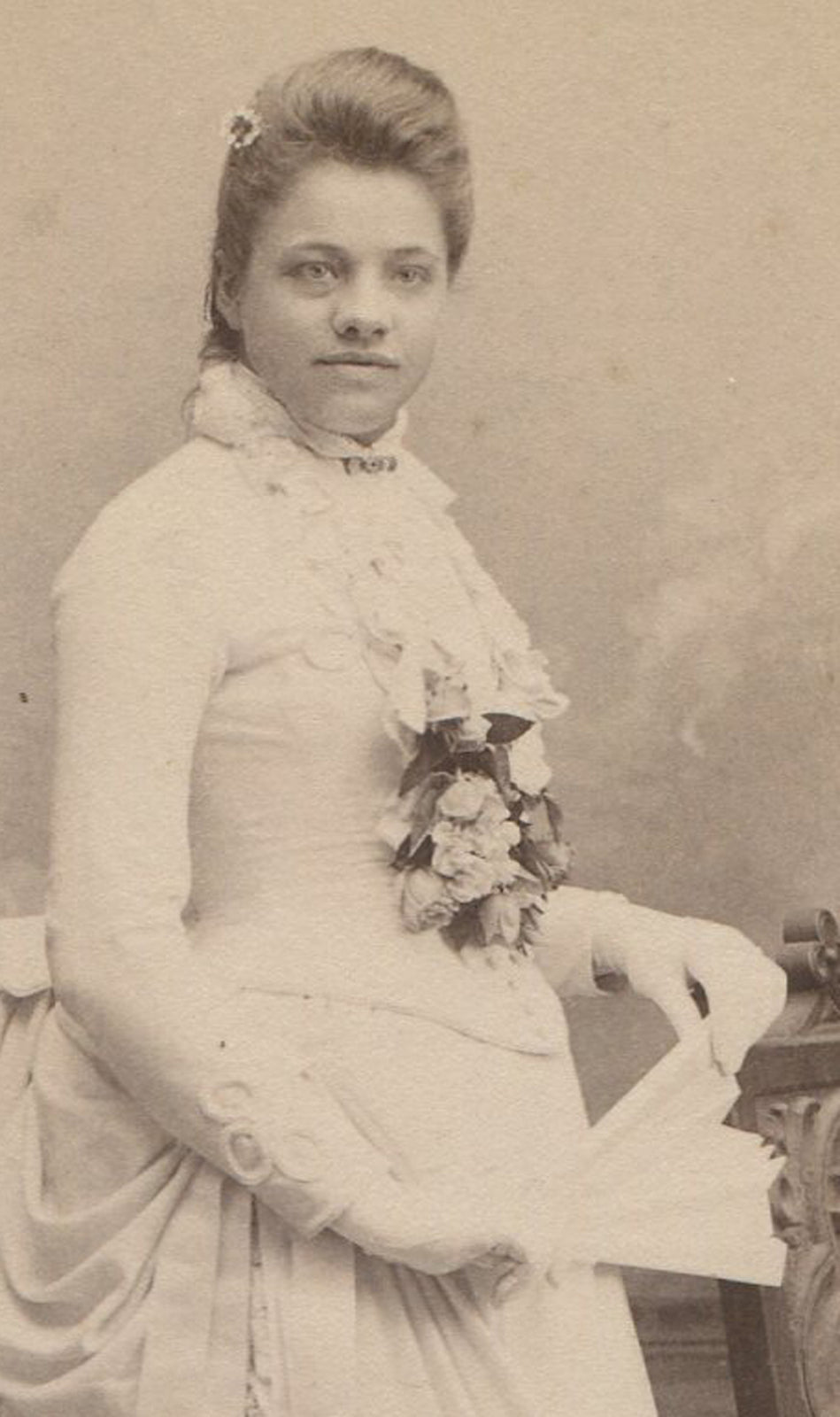 Vintage cabinet card photograph: young ethnic-looking woman in elegant dress, Washington studio portrait