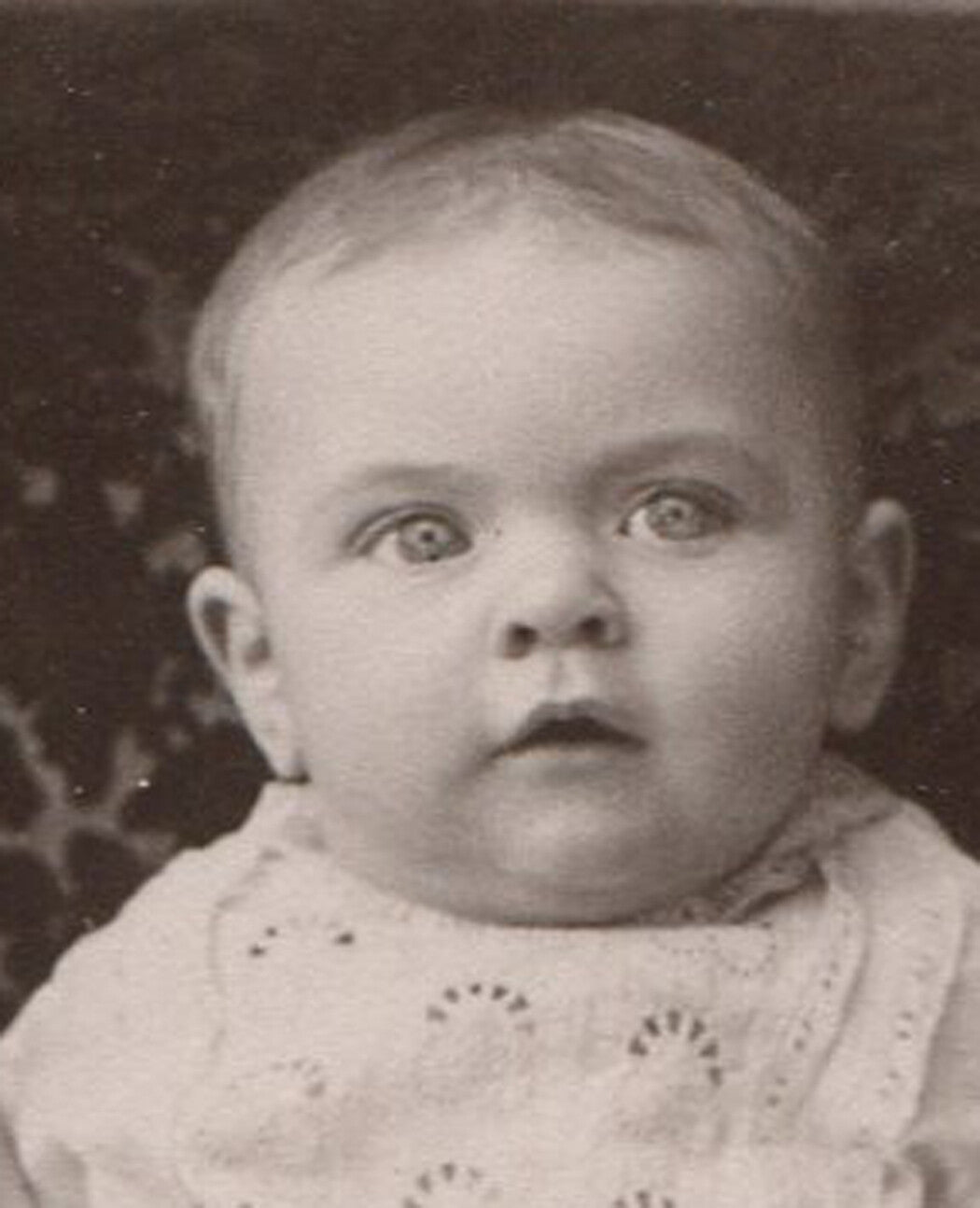 BABY POSED ON ORNATE CHAIR WANTS A BETTER WORLD. CABINET CARD. AKRON, OHIO.