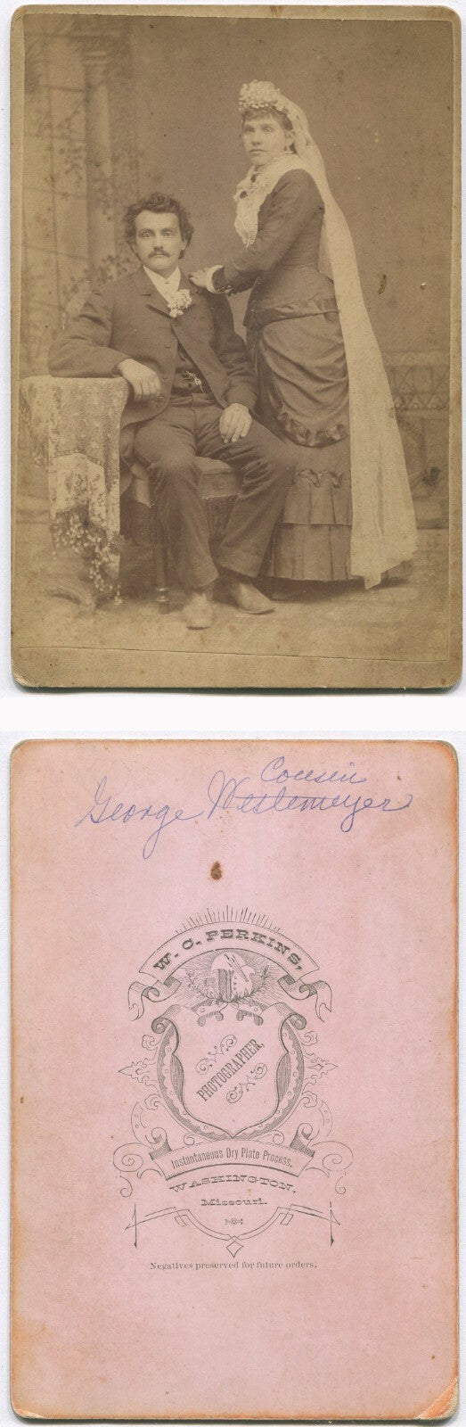 WOMAN IN BRIDAL VEIL, MAN STARES BLANKLY. YIKES. CABINET CARD. WASHINGTON, MO.