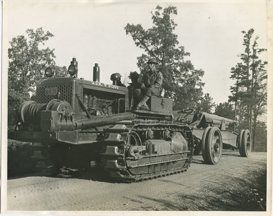 U.S. 4TH ARMY MANEUVERS. 10 TON TRACTOR PULLING 155mm GUN. WWII. (8X10 REPRINT)