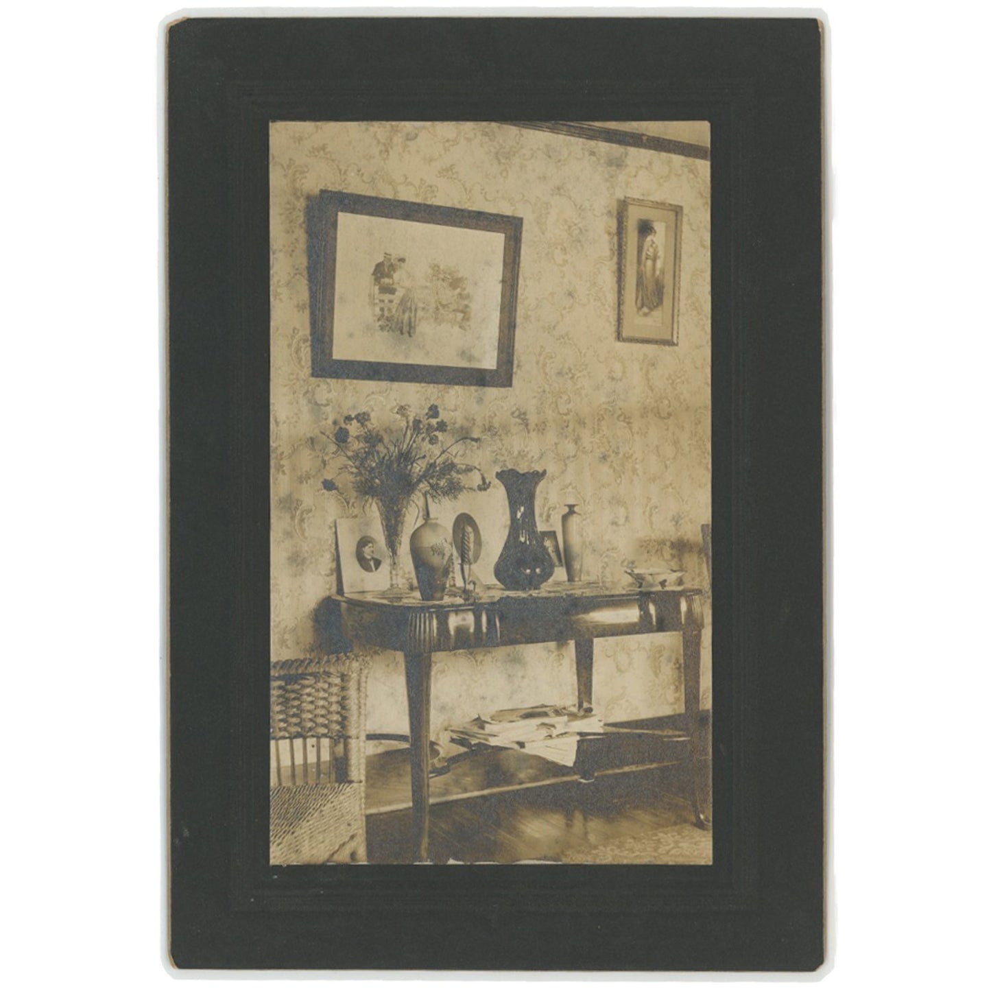 VINTAGE PHOTOS - VICTORIAN HOUSE INTERIOR - SET OF (4). FIREPLACE, PLANTS, CHINA