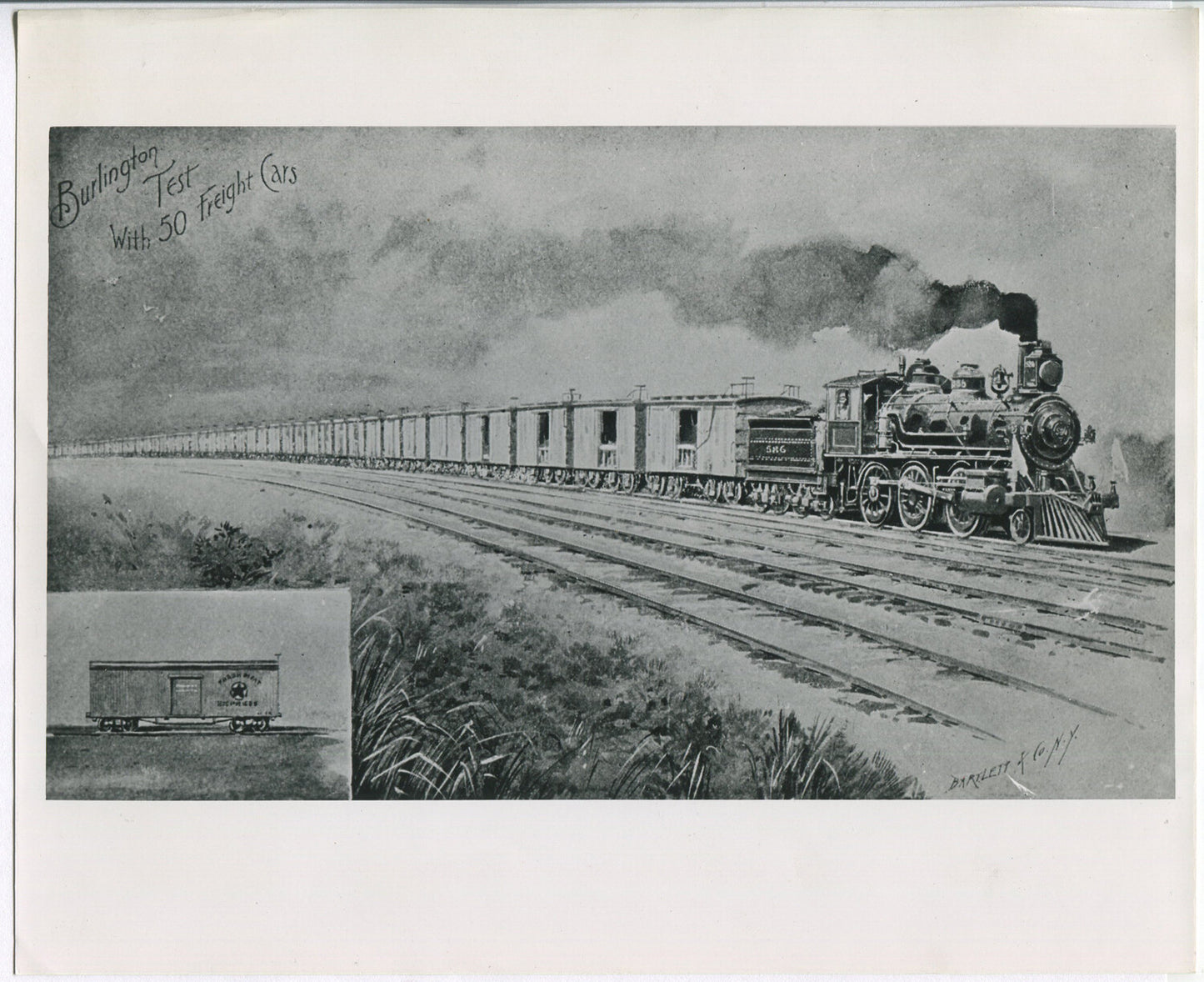 BURLINGTON TEST, 50 CAR TRAIN. ARTWORK. BLACK AND WHITE SILVER PRINT 8 X 10.