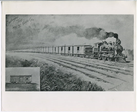 BURLINGTON TEST, 50 CAR TRAIN. ARTWORK. BLACK AND WHITE SILVER PRINT 8 X 10.