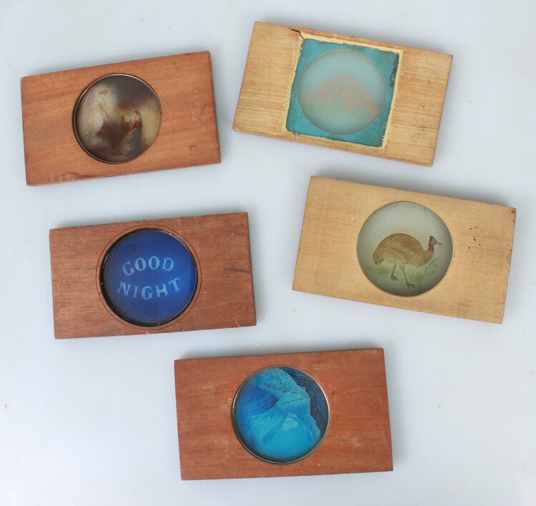 MAGIC LANTERN SLIDES ON WOOD OF PAINTINGS - SET OF FIVE
