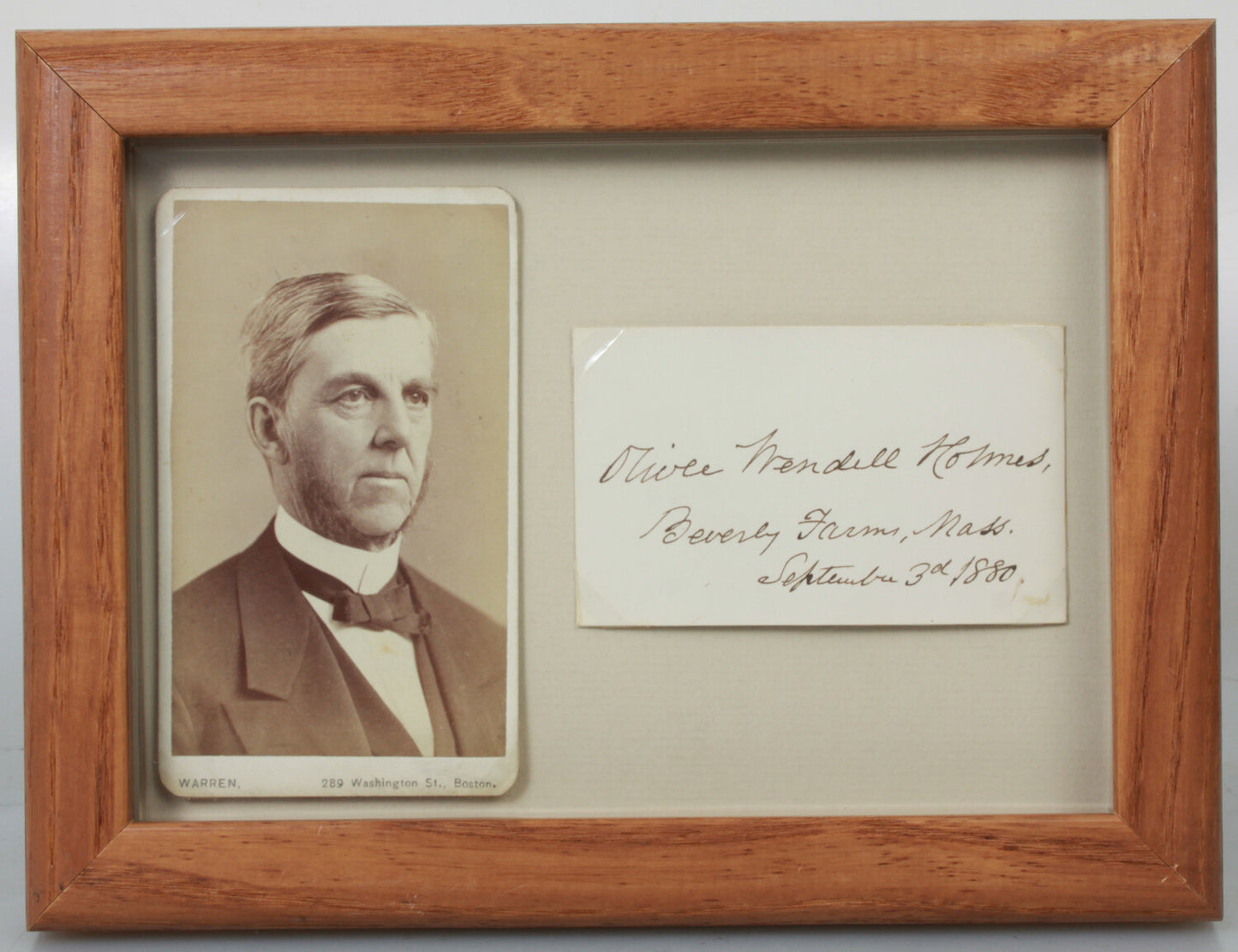 OLIVER WENDELL HOLMES, SCOUS, CDV, SIGNED CARD. 5X7 FRAME.