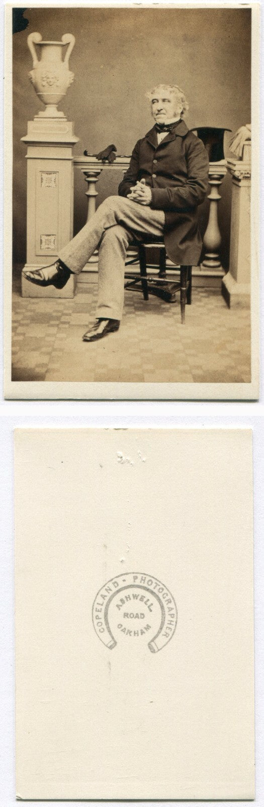 OLDER MAN, SEATED POSE, FINGERS INTERLACED, LEGS CROSSED. CDV. OAKHAM, LONDON.