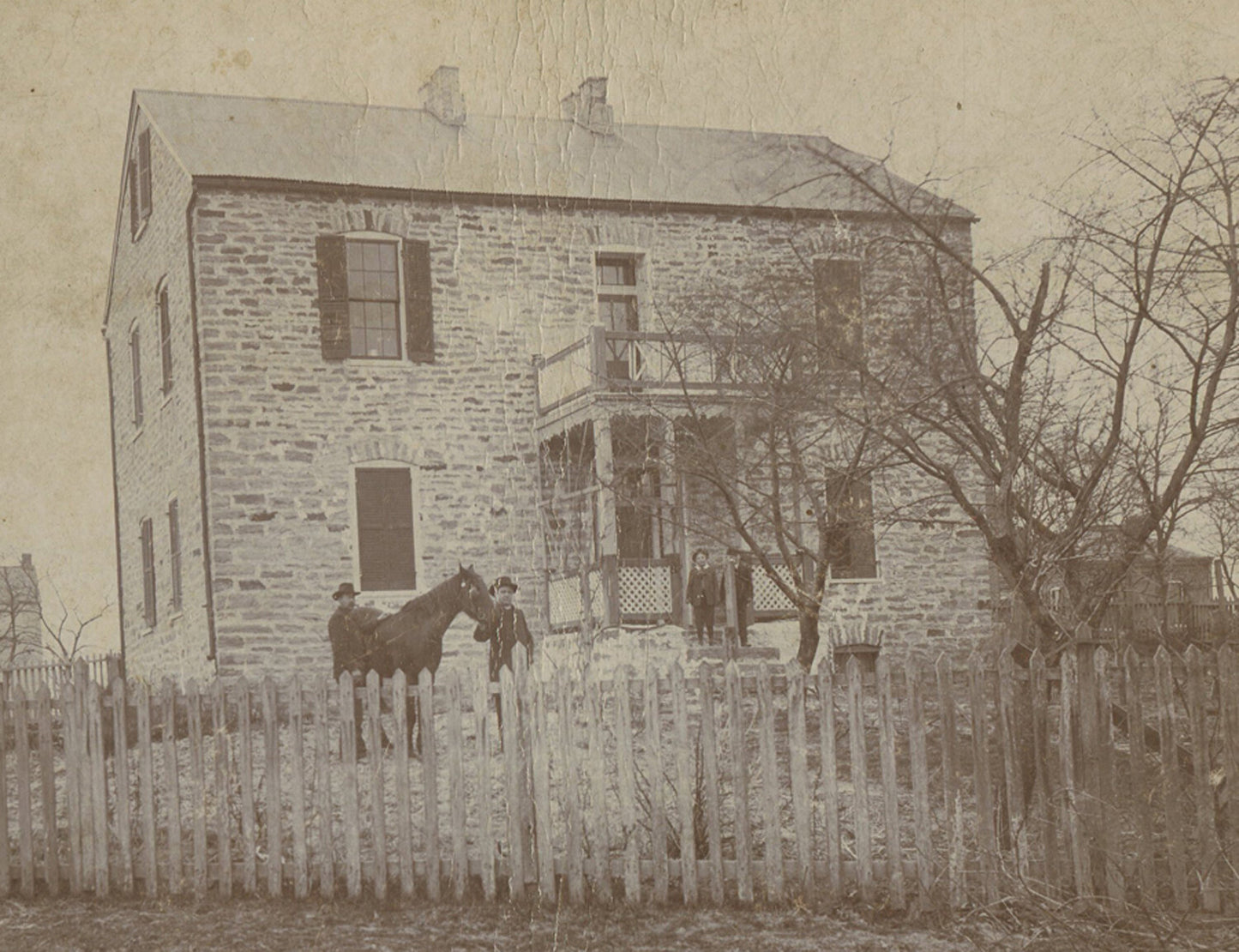 CHILD WATCHES MEN W/HORSE, FROM STONE HOUSE PORCH. 6.5X8.5 SILVER PRINT.