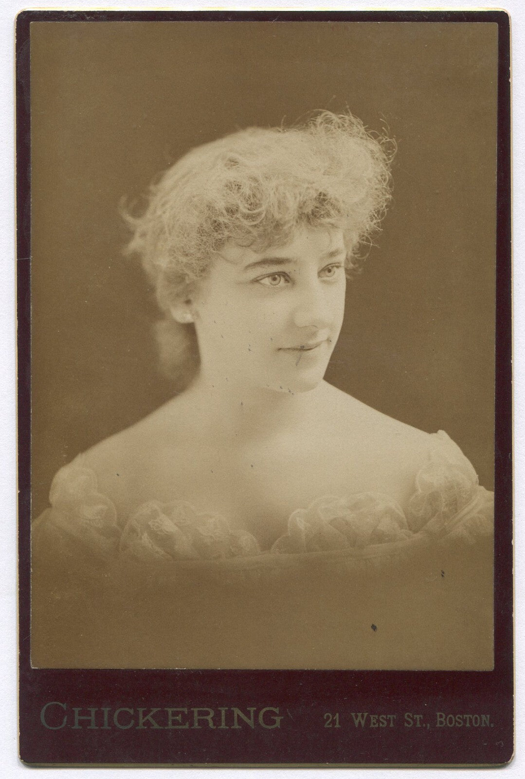 WOMAN IN OFF SHOULDER DRESS. CABINET CARD. BOSTON.