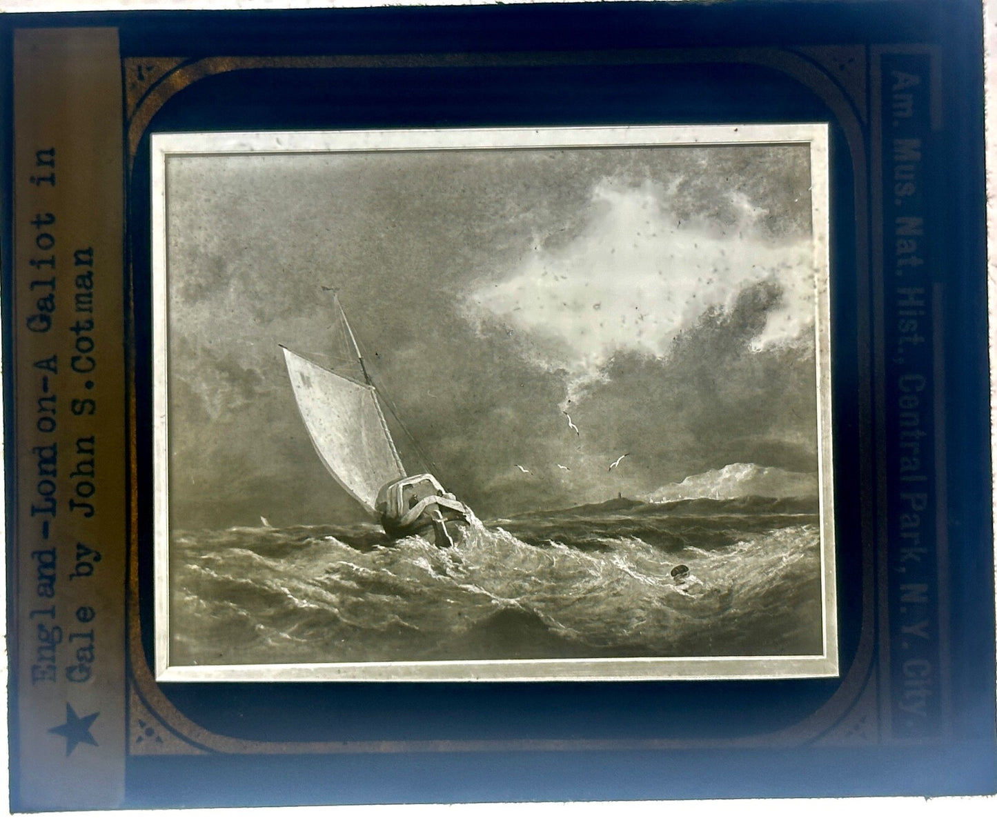 VNTG LANTERN SLIDE ENGLAND LONDON  "A GALIOT IN GALE" BY JOHN S. COTMAN 3.25X4IN