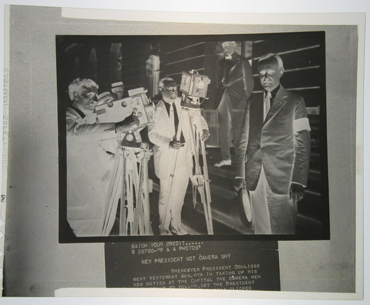 CAMERA MEN FILMING PRESIDENT COOLIDGE. 4X5 NEGATIVE.