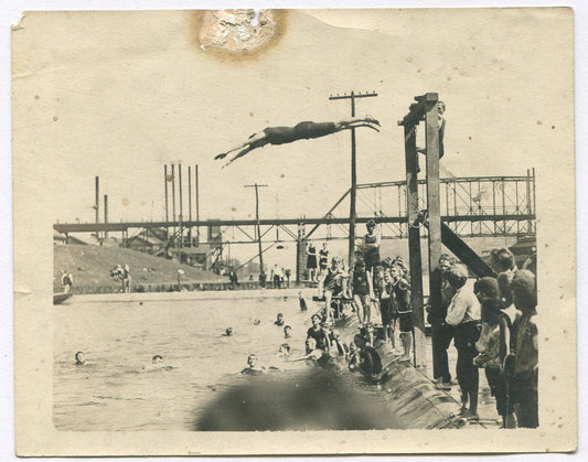 SWIMMERS IN RIVER/POOL NEAR INDUSTRIAL SITE. 5X4 B&W. 1900-20s.