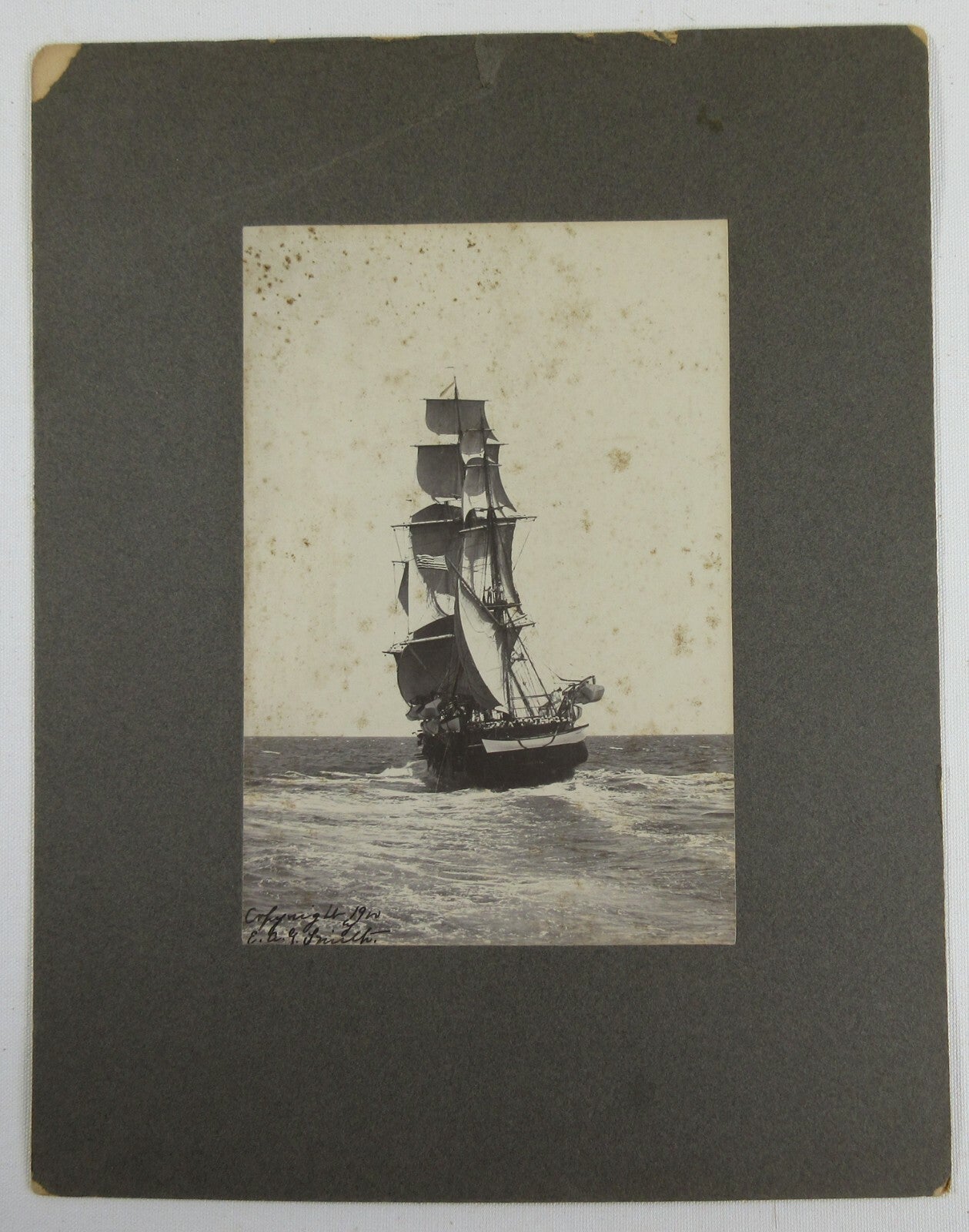 TALL SHIP, FULL SAIL BY E.A. SMITH. 9X6.5 PHOTO IN 14X11 ARCHIVAL MAT.