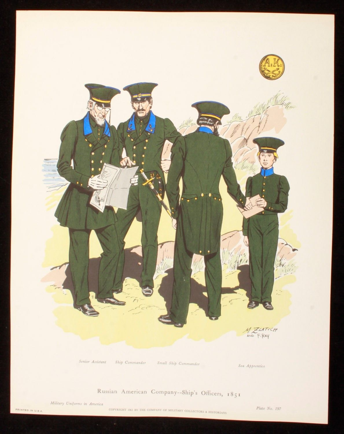 Russian American Company-Ships Officers 1851 Illustration 11x14
