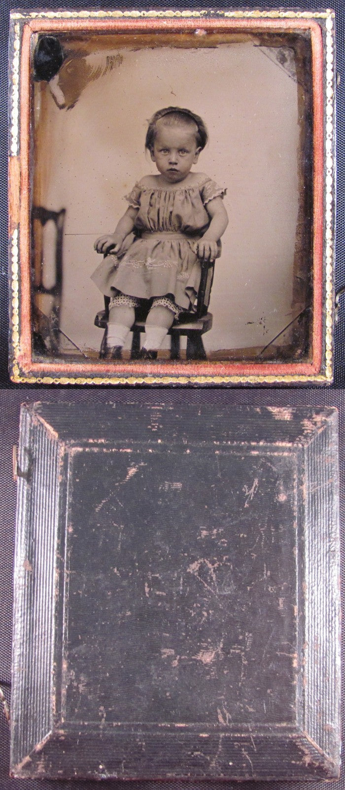 POUTY LITTLE GIRL IN HIGHCHAIR. TINTED AMBROTYPE 6TH PLATE, HALF CASE.
