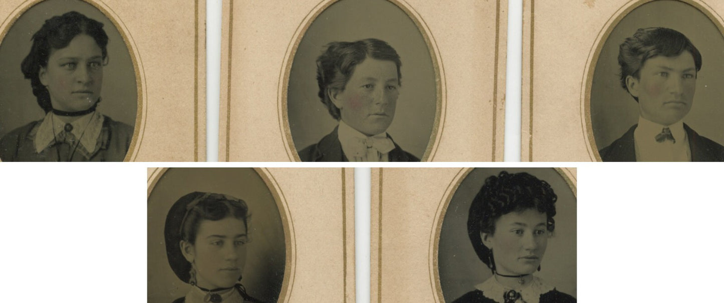 LADIES IN OVAL MATS, 1/9 PLATE TINTYPES, SET OF 5