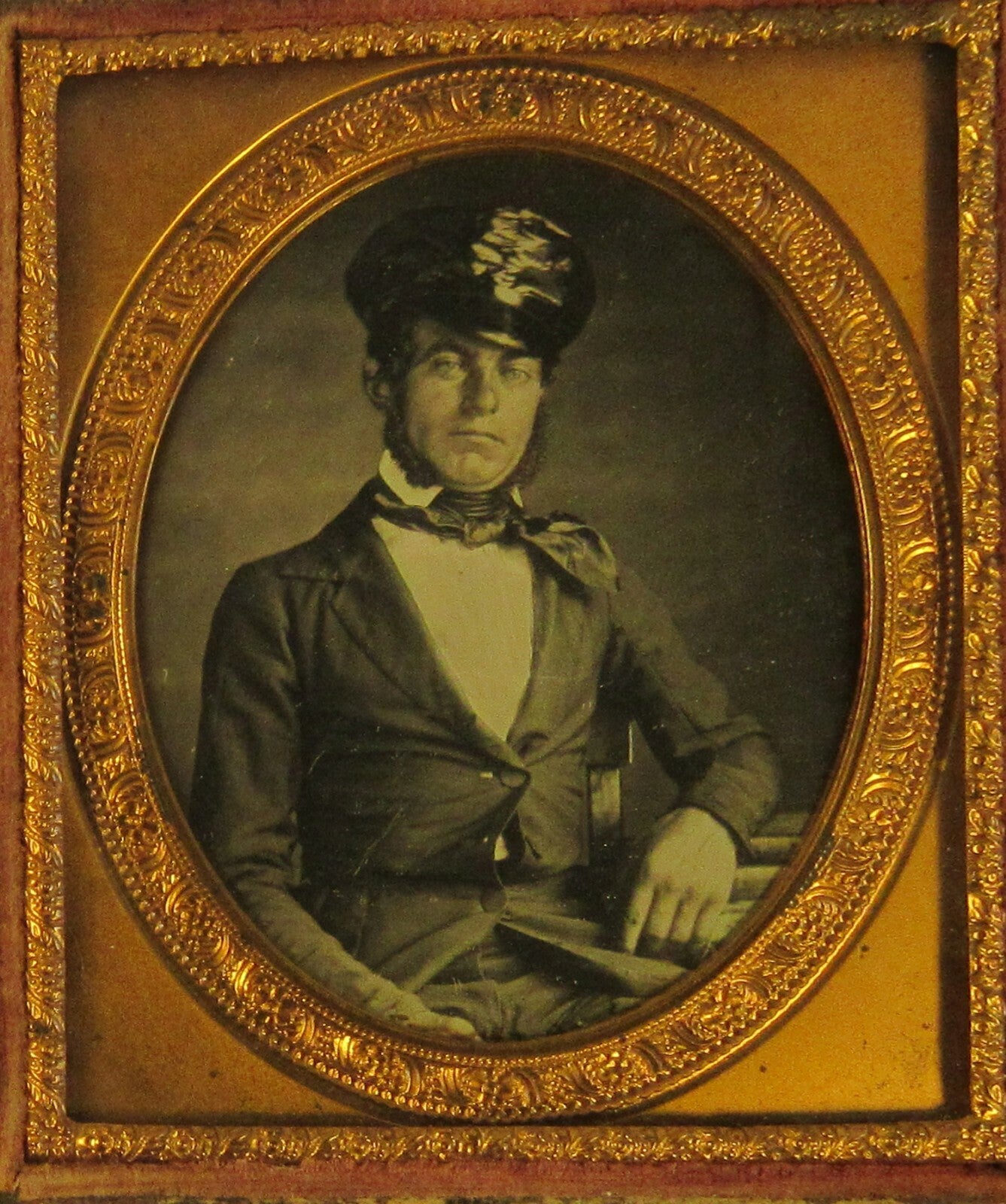 SHIPS CAPTAIN. CRISP, TINTED 6TH PLATE DAGUERREOTYPE, FULL CASE.