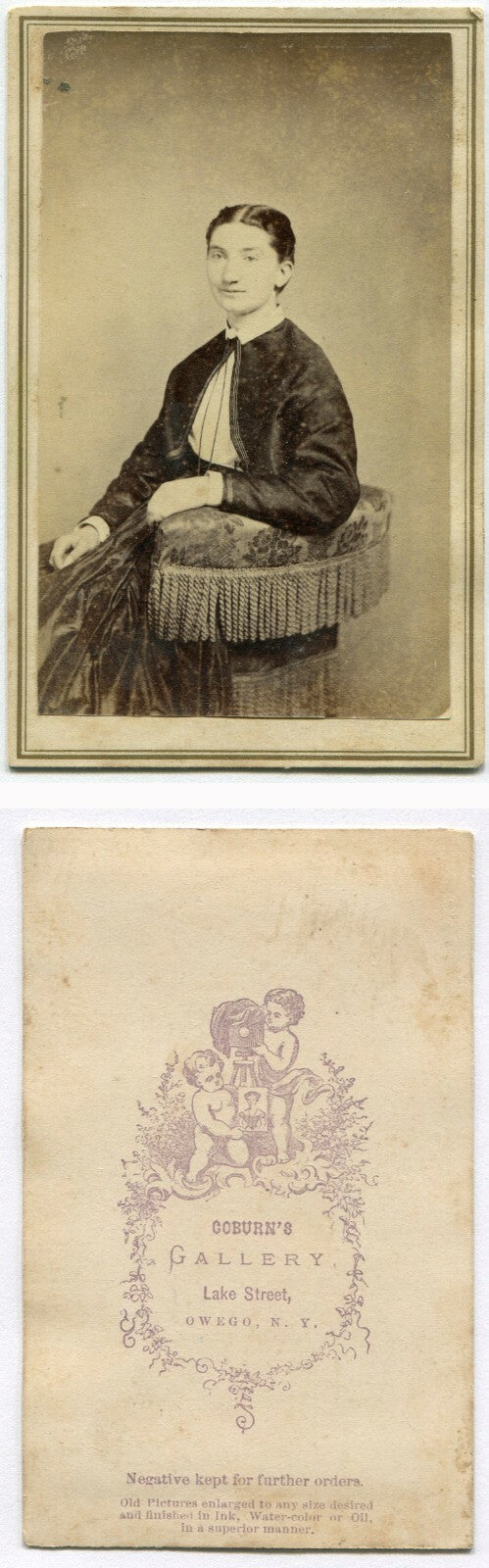 PLAIN WOMAN SEATED ON POSING CHAIR. CDV. OWEGO, N.Y.