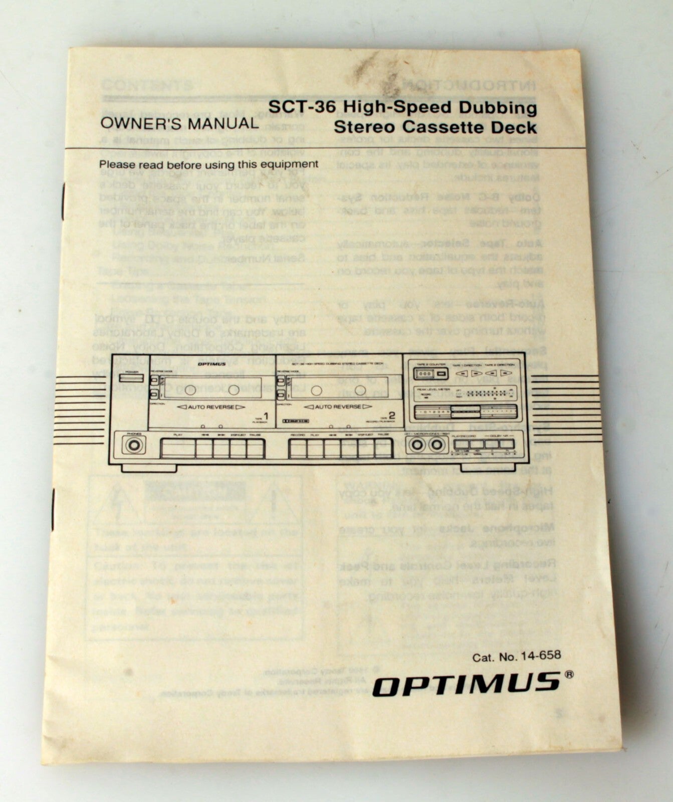 SCT - 36 High Speed Dubbing Cassette Deck Owners Manual