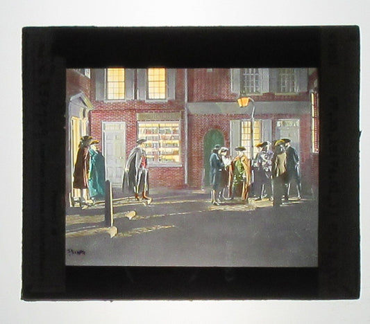 THOMAS PAINE IN PHILADELPHIA. ARTWORK. HAND COLORED PHOTO ON GLASS.