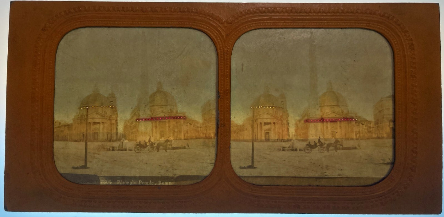 TISSUE STEREOVIEW OF PIAZZA DEL POPOLO W/ HORSE & CARRIAGE - ROME, ITALY