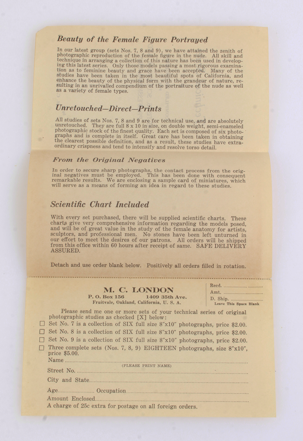 Vintage Photographica Pamphlet and Mailer for ordering Nude Studies,M. C. London