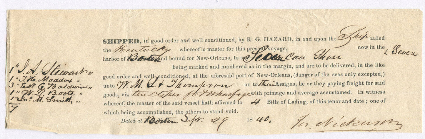 BILL OF LADING PURCHASE BY ROWLAND HAZARD, CLOTHING FOR ENSLAVED PEOPLE. 1840.