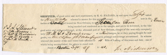 BILL OF LADING PURCHASE BY ROWLAND HAZARD, CLOTHING FOR ENSLAVED PEOPLE. 1840.