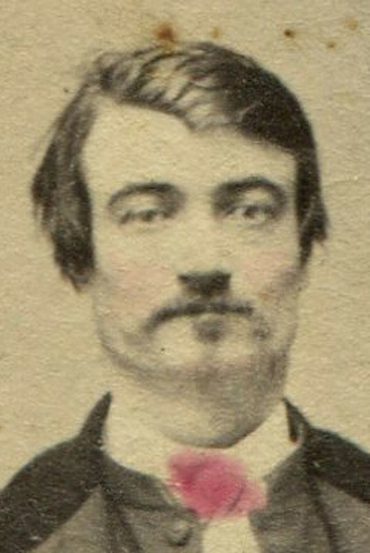 MAN W/HAT AT POSING STAND, PAINTED BACKGROUND. TINTED CDV. DATED 1866.