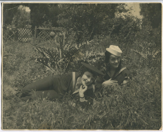 WOMEN IN SAILOR OUTFITS, GARDEN SETTING. 8X10 B&W. 1920-40s.