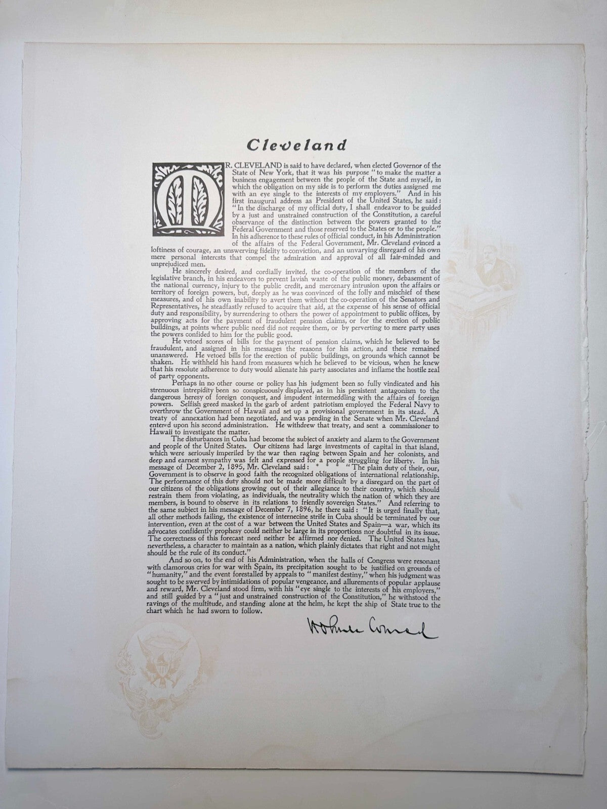 VINTAGE PHOTOGRAVURE OF PRESIDENT GROVER CLEVELAND OFFICIAL WHITE HOUSE GALLERY