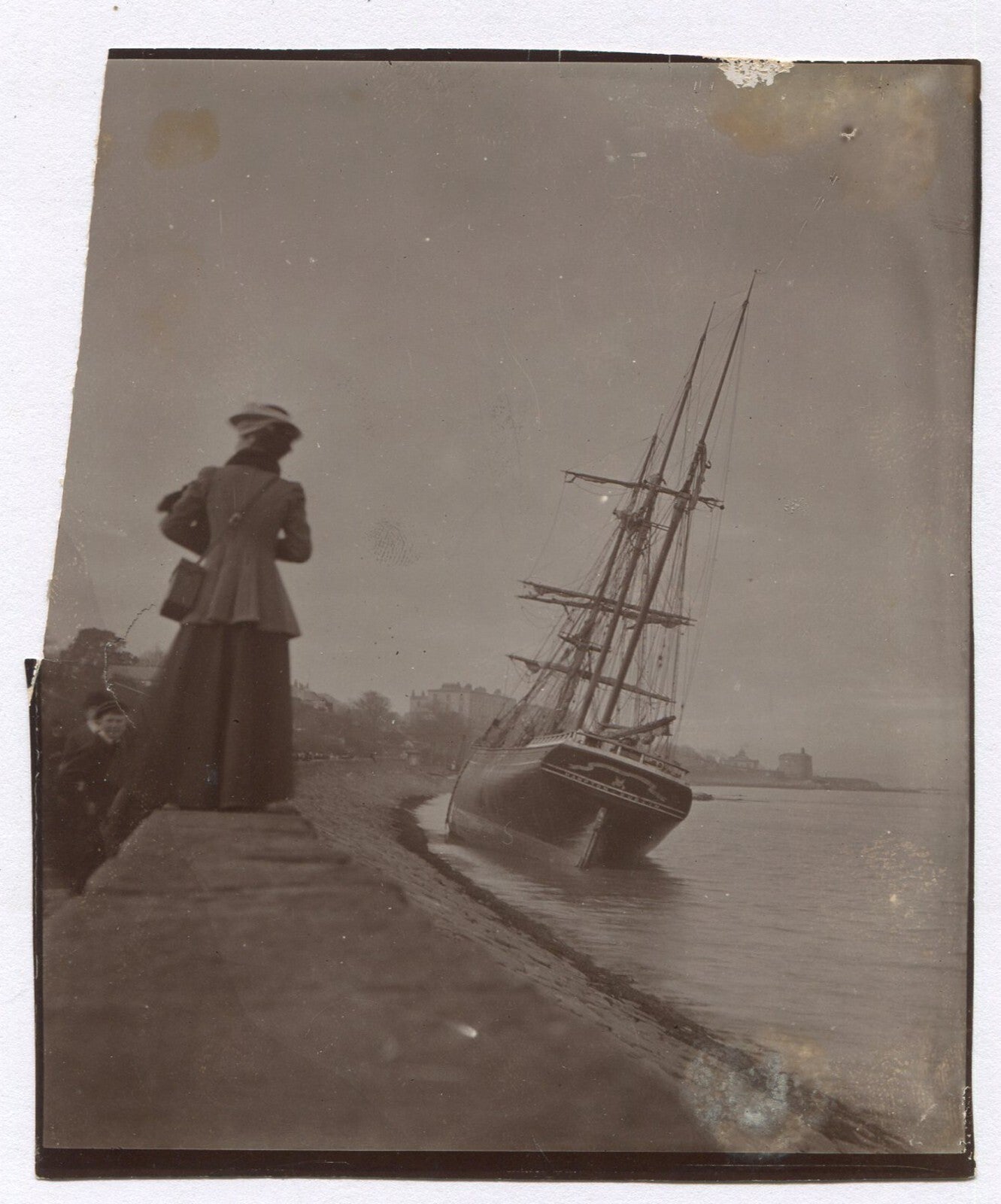 Vintage 1900s Photo: Woman Walking Toward Tall Ship, 4.75x3.75 Print, Nautical Wall Art