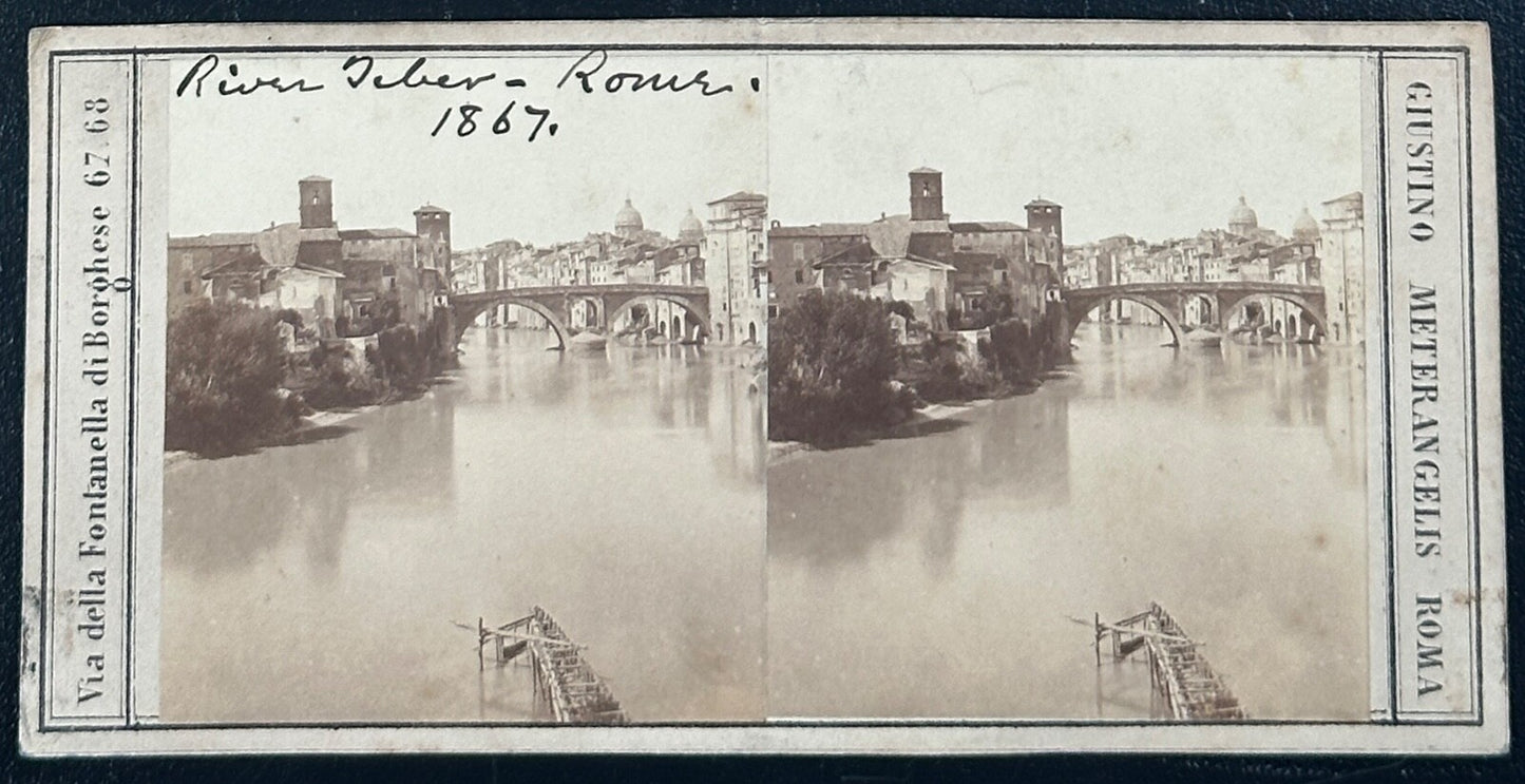 Vintage Stereoview Card River Tiber Rome 1867 3.5x7 in Photo Rare