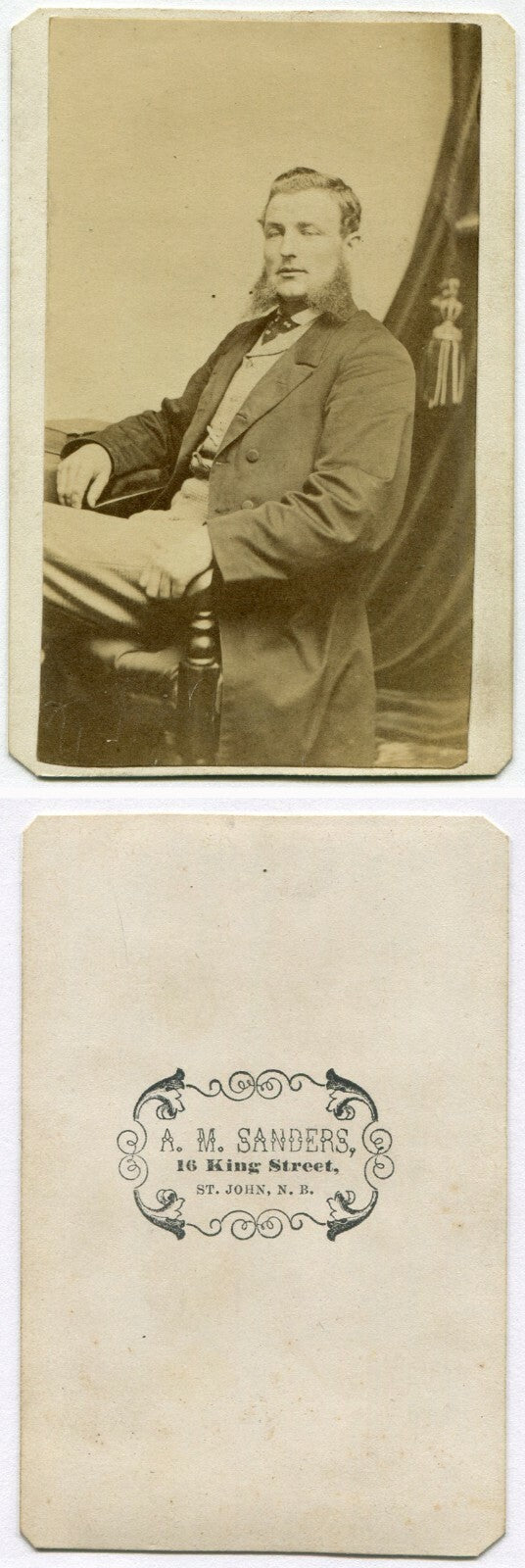 MAN, HALF CLOSED EYES, VERY LONG MUTTON CHOPS. CDV. ST. JOHN, NEW BRUNSWICK, CA.