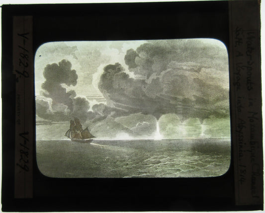 WATER SPOUTS, MOZAMBIQUE. LITHO ARTWORK ON LANTERN SLIDE.