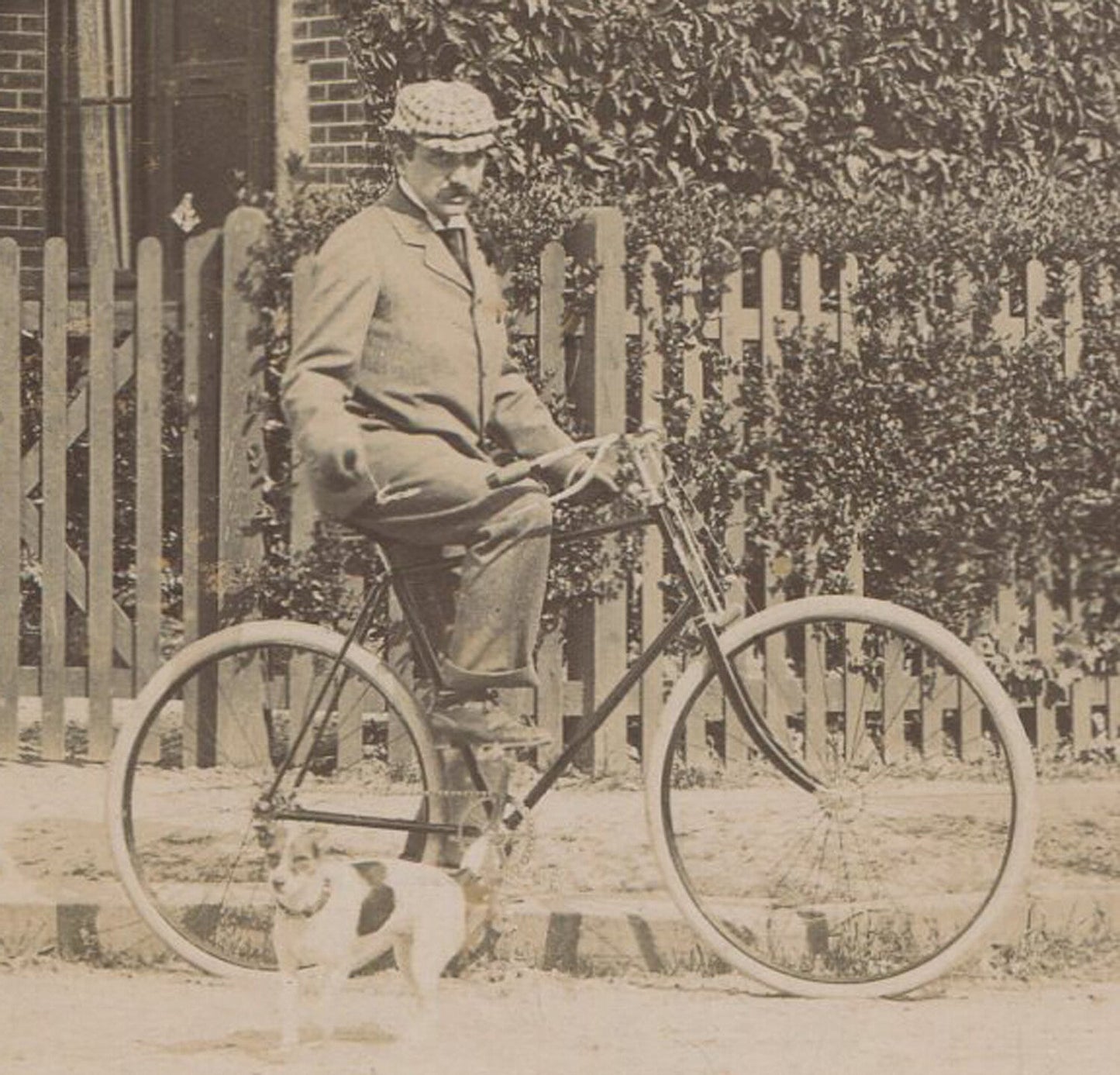 Authentic Vintage 5x7 Cabinet Card: Man on Bicycle by House with Picket Fence,