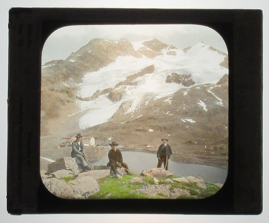 BERNINA HOSPICE, CAMBRENA GLACIER. HAND COLORED PHOTO ON GLASS.