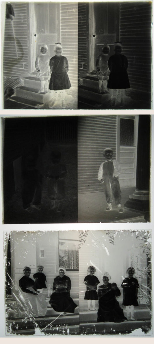 Vintage 3 Set 5x7 Glass Negative Old Photo Front Porch Parents Children