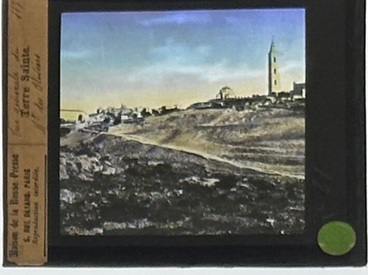 VINTAGE LANTERN SLIDE: "Russian Tower" on Mount of Olives  3.25X4IN  HAND TINTED