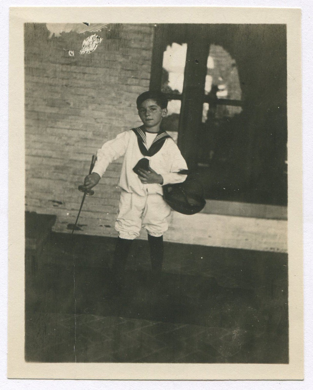 BOY W/FENCING GEAR, IN SAILOR SUIT. B&W 4.25X3.25.