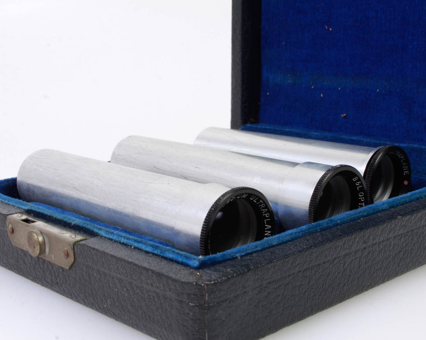 BAUSCH & LOMB RARE LOW/ MEDIUM/ HIGH EYEPIECE ULTRAPLANE MICROSCOPE SET IN CASE
