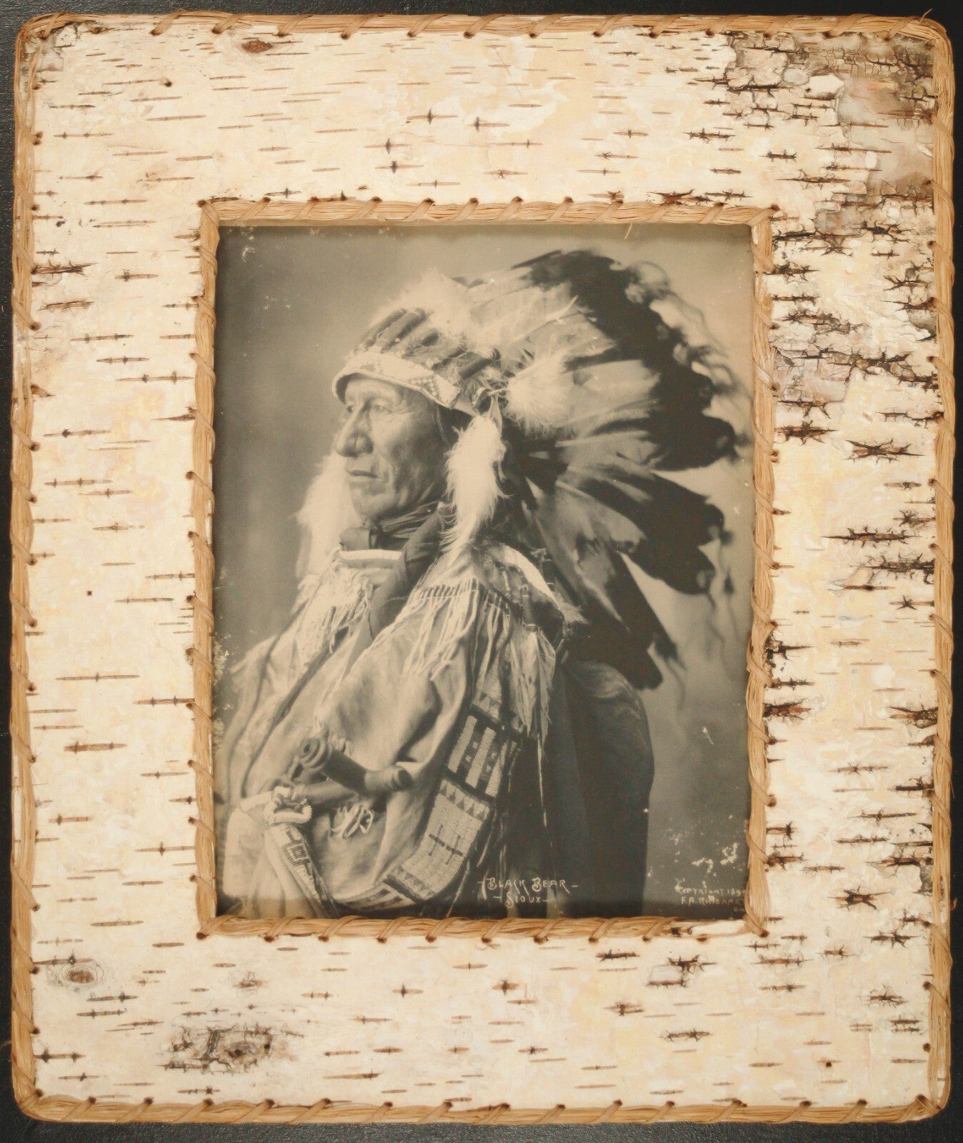 Antique Handmade White Birch Framed Portrait of Black Bear Chief of Sioux Tribe
