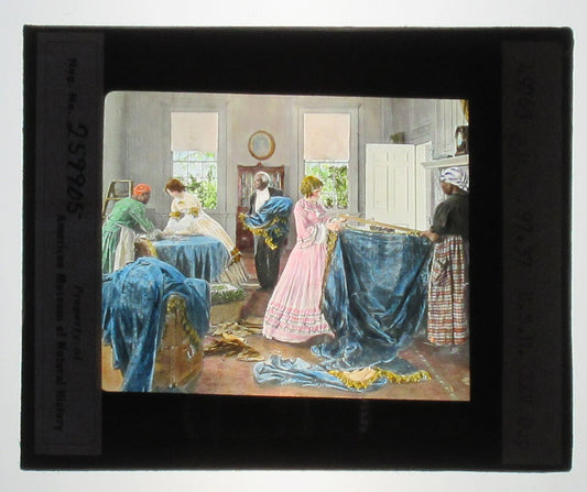 ACTORS PORTRAY DOMESTIC CIVIL WAR SCENE. HAND COLORED PHOTO ON GLASS.