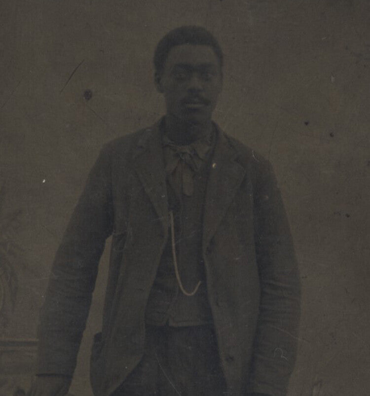TINTYPE PORTRAIT OF YOUNG AFRICAN-AMERICAN MAN W/ POCKET WATCH