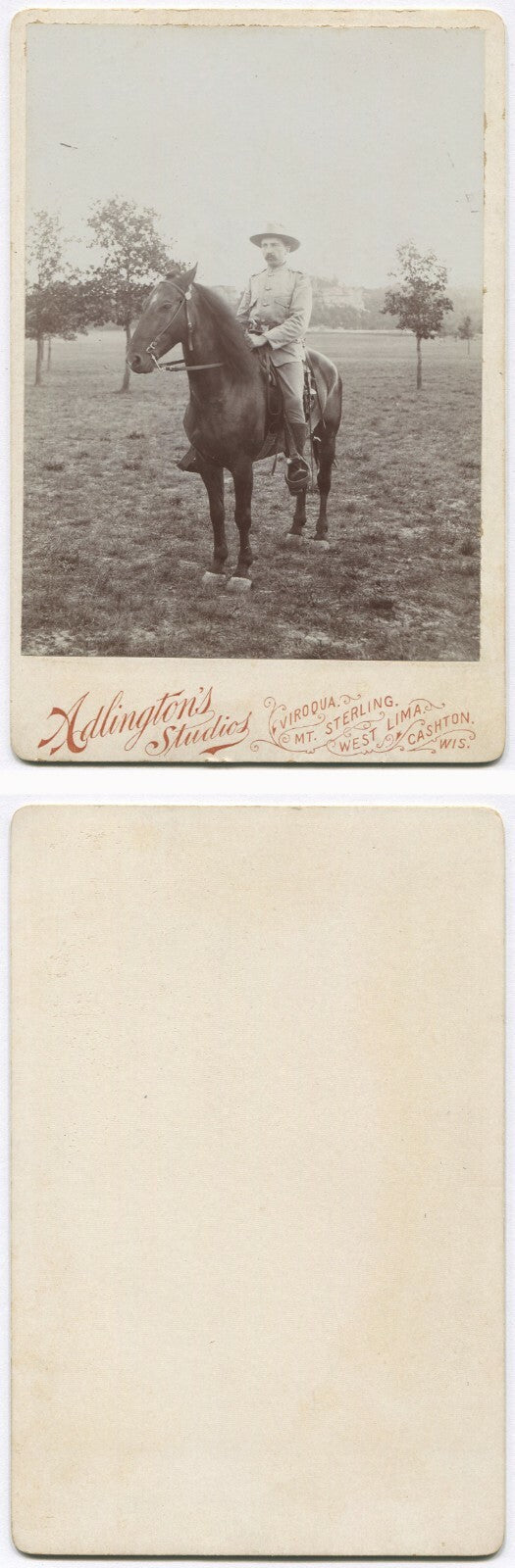 U.S. MILITARY SOLDIER ON HORSEBACK. CABINET CARD. VIROQUA, WIS.
