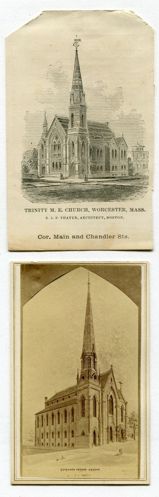 TRINITY M.E. CHURCH. WORCASTER, MASS. CDV AND LITHO ON CARD.