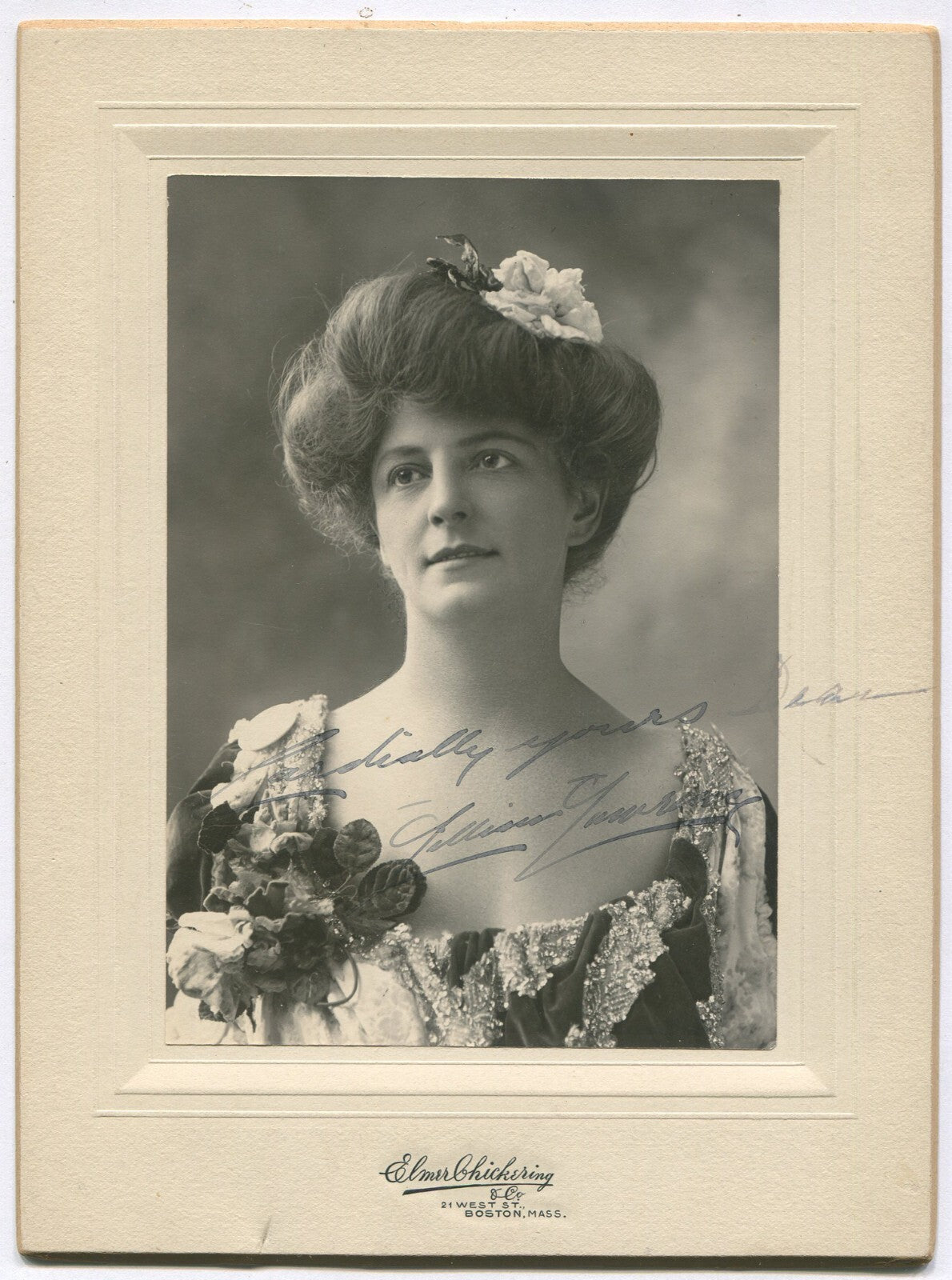 WOMAN, BEADED DRESS, FLOWER PIN AND FLORAL HAIR COMB. CABINET CARD. BOSTON.