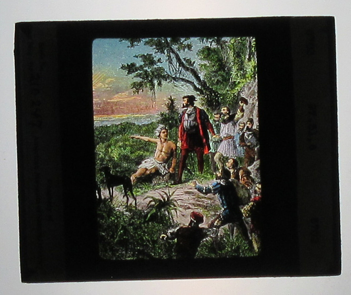 BALBOA SEES THE PACIFIC. ARTWORK, HAND COLORED PHOTO ON GLASS.