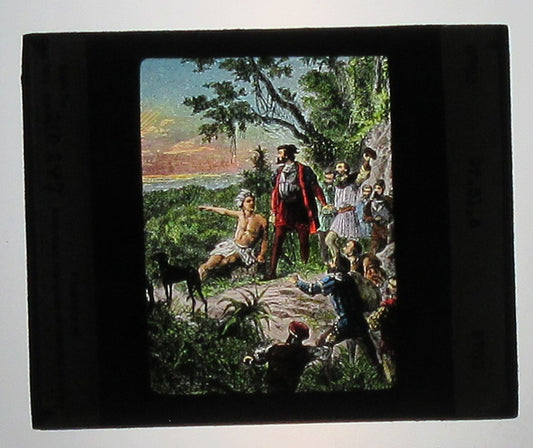 BALBOA SEES THE PACIFIC. ARTWORK, HAND COLORED PHOTO ON GLASS.