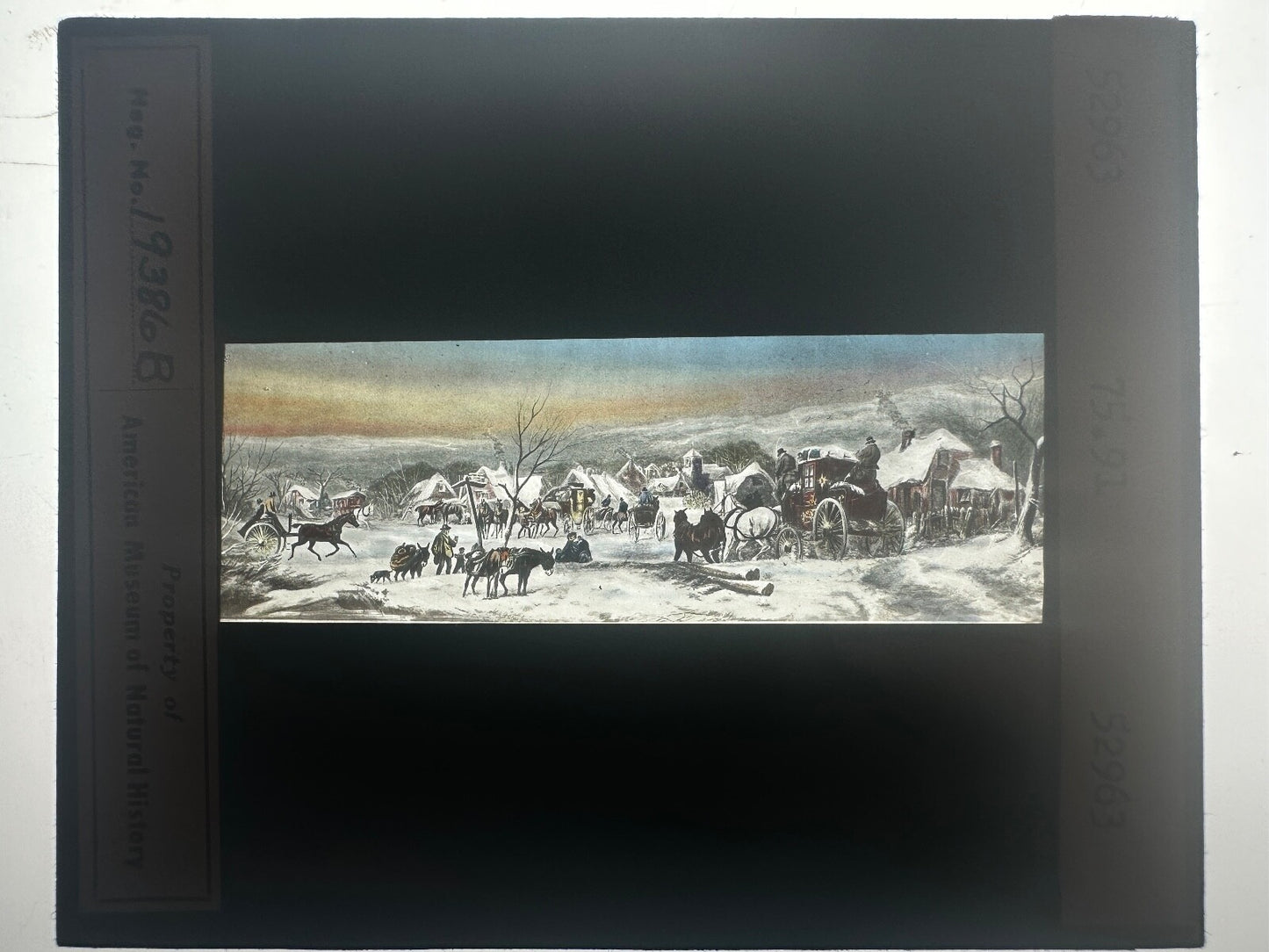Vintage Hand-Tinted Lantern Slide Photo: Arrival of a Stage Coach in Winter,